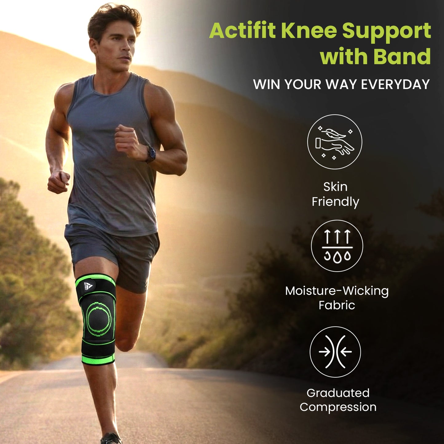Actifit Knee Support with Adjustable Band – Compression Brace for Pain Relief, Sports & Gym - Green