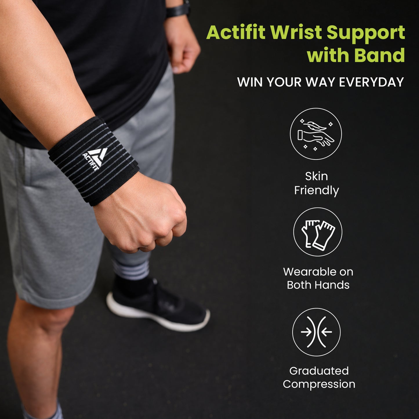 Actifit Wrist Support with Adjustable Band – Compression Brace for Pain Relief, Sports & Gym – Free Size