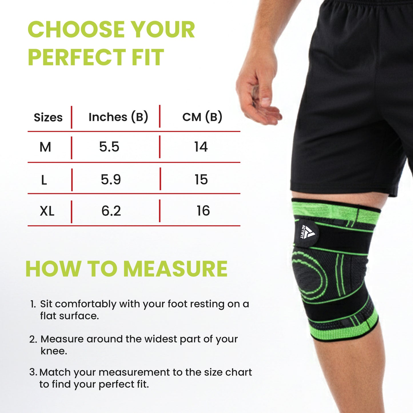 Actifit Knee Support with Adjustable Band – Compression Brace for Pain Relief, Sports & Gym - Green